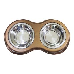 Plastic Framed Double Diner Pet Bowl in Stainless Steel; Small; Gold and Silver