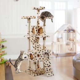 66" Multi-level Cat Tree with Paws Pattern, Scratching Posts, Kitten Activity Tower with 3 Perches - Beige XH