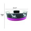 Stainless Steel Pet Bowl with Anti Skid Rubber Base and Dog Design; Large; Gray and Pink