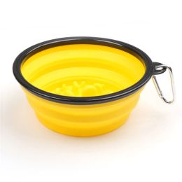 Portable Pet Feeder Travel Foldable Pet Dog Bowl Silicone Collapsible Slow 350ml/1000ml Feeding Bowl (Color: yellow)