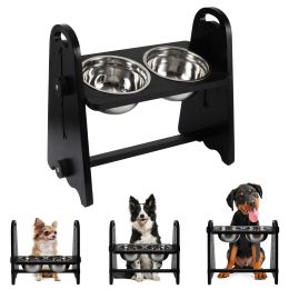 Elevated Dog Bowls for Medium Large Sized Dogs, Adjustable Heights Raised Dog Feeder Bowl with Stand for Food & Water (Color: black)